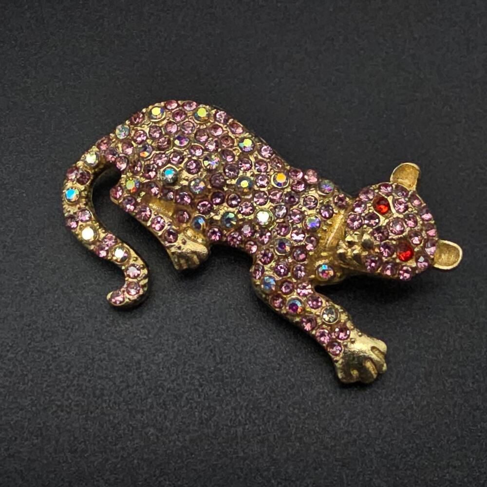 Pink Rhinestone Panther Leopard Brooch Big Cat Red Eyes